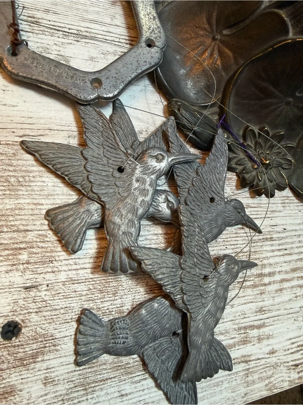 Vintage Pewter Hummingbird Wind Chime Mobile – Silver Tone